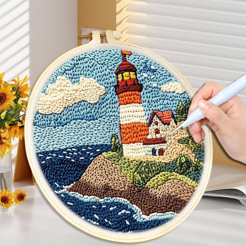 

DIY Punch Needle Embroidery Starter Kit Lighthouse Scenery Pattern DIY kit Home Decor Craft Painting Needle Art Sewing