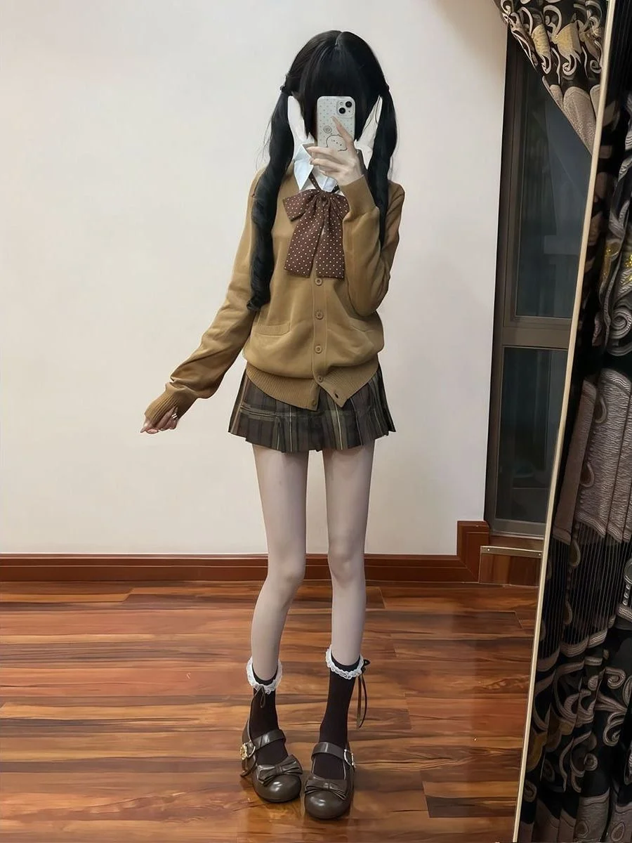 

Модный длинный свитер в стиле колледж, цвет карамельный, для школы, вязаный, универсальный, осенне-зимний наряд