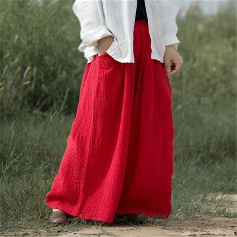 2026 Autumn Solid Loose casual Pants, 5XL 6XL Spring Women Vintage Elastic Waist Cotton Linen trousers Wide Leg long Pants