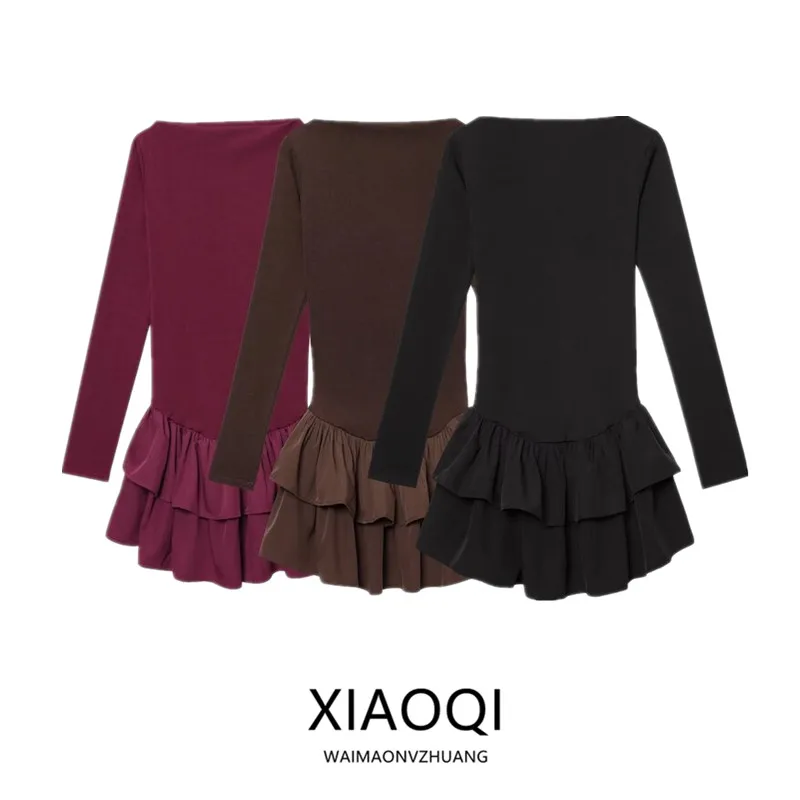 Moda Fena Primavera 2025 Vestido Curto de Manga Longa com Decote Redondo Decoração em Camadas Versátil Nova Chegada Estil...