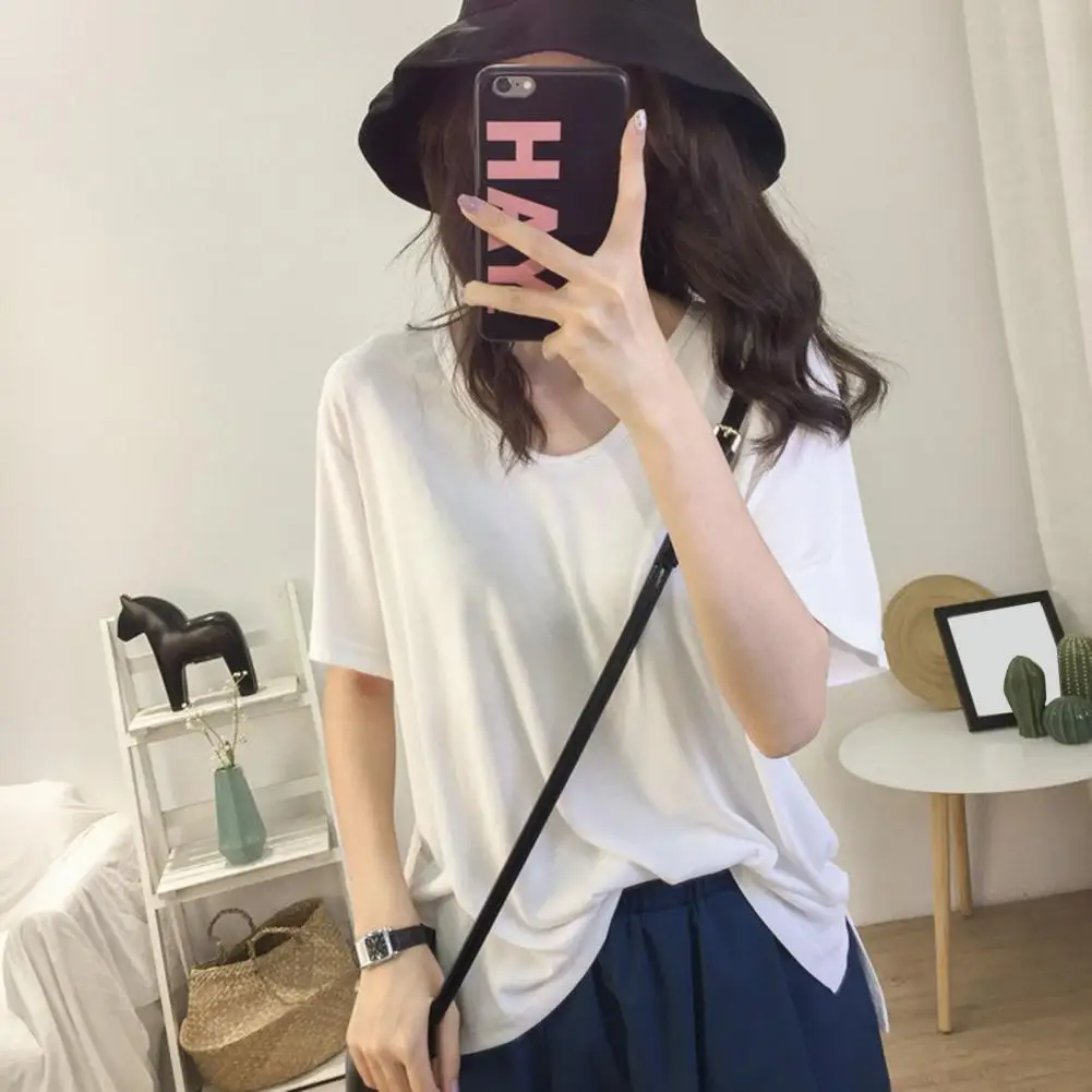 Women T-shirt Stylish Women's V-neck T-shirt Collection Loose Fit Summer Tops with Side Slit Hem Solid Color Stretchy for Daily