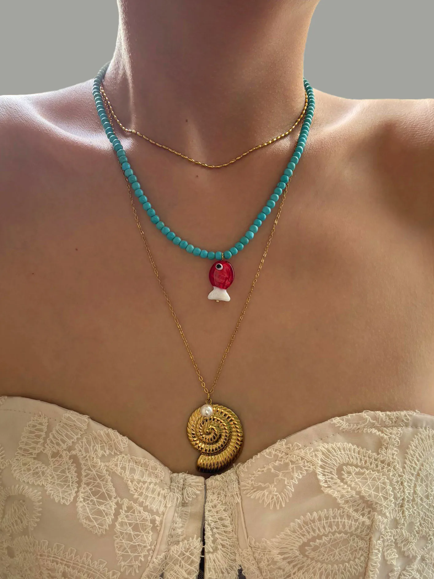 Peri'sbox Fashionable Fish Strike Conch Ocean Pendant Necklace Handmade Jewelry Waterproof Stainless Steel Women's Wholesales