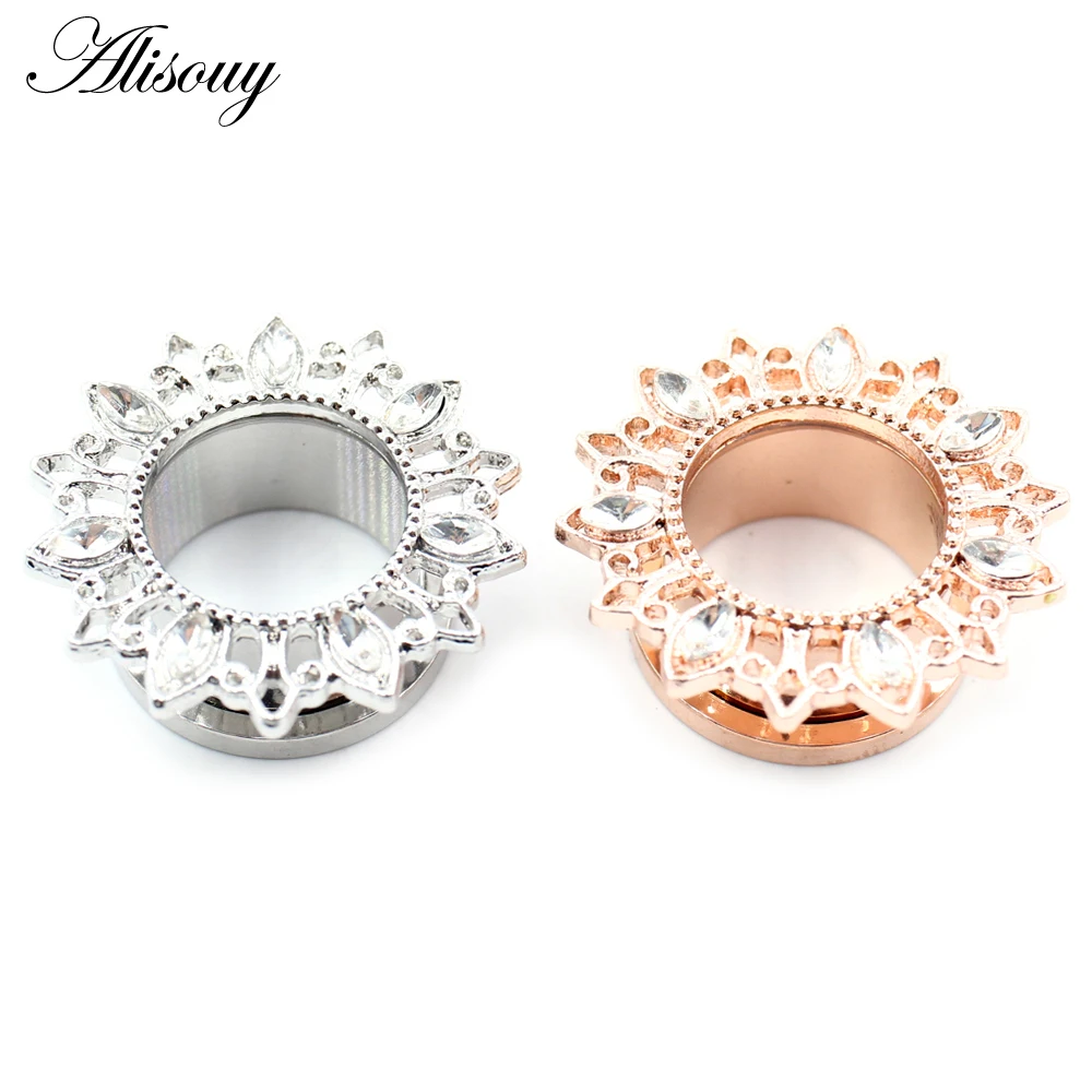 Alisouy 2 Stück Edelstahl Blume Zirkonia Mond Stern Uhr Herz Schraube Ohr Tunnel Plugs Expander Messgeräte Körper Piercing Schmuck – Detail 10