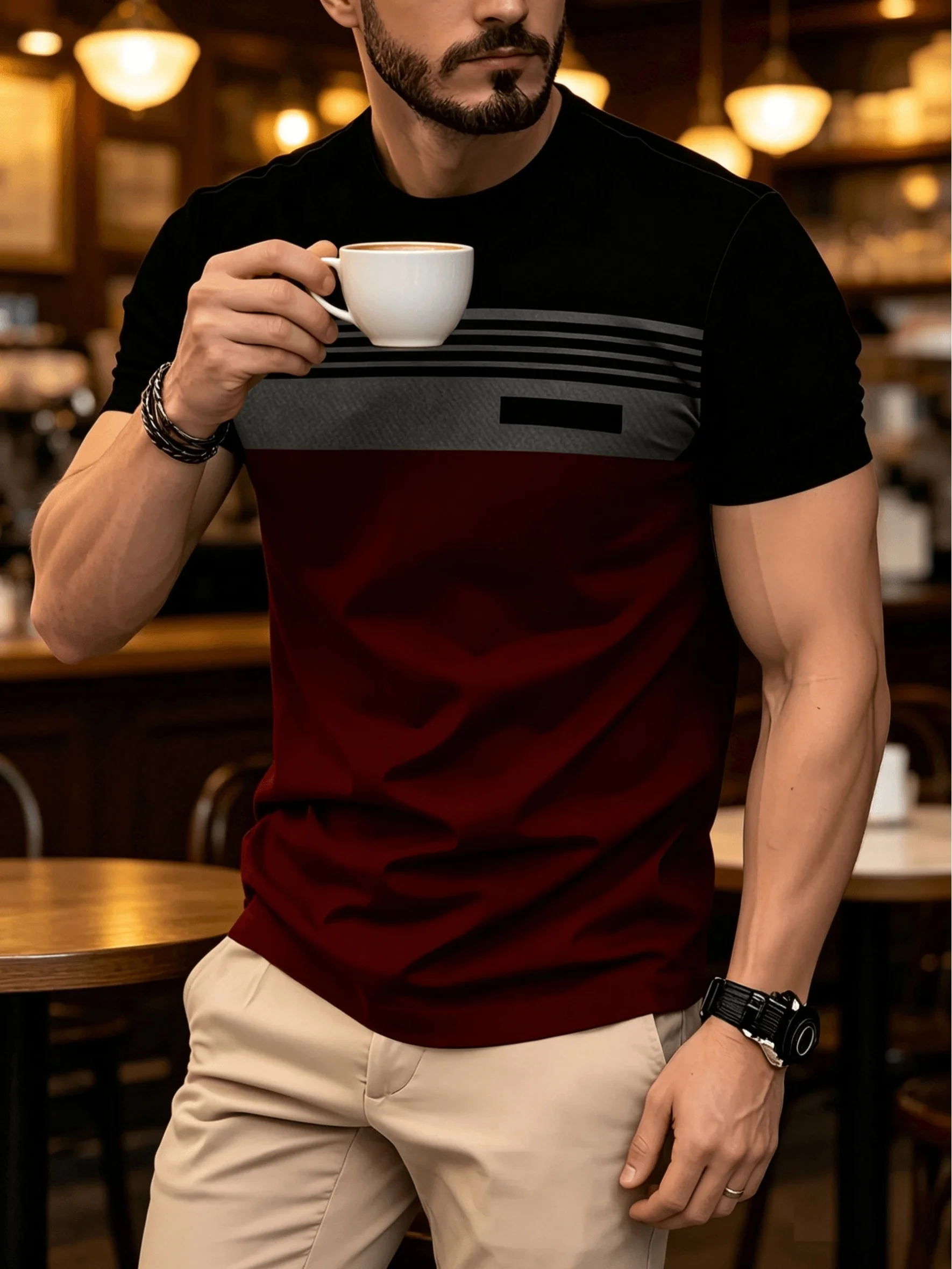 Men Black Grey Wine Red Color Block T‑Shirt Multi Horizontal Stripes Crew Neck Short Sleeve Casual Tops