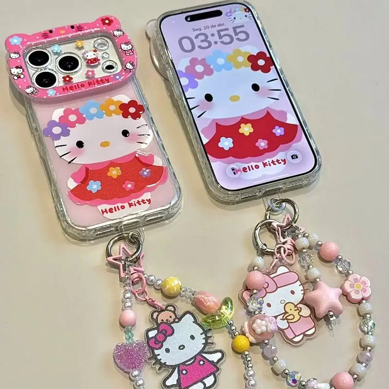 サンリオキャラクターズのスマホケース、ハローキティのカメラフレームとビーズチャーム付き、iphone-17-16-pro-max用のかわいい耐衝撃カバー