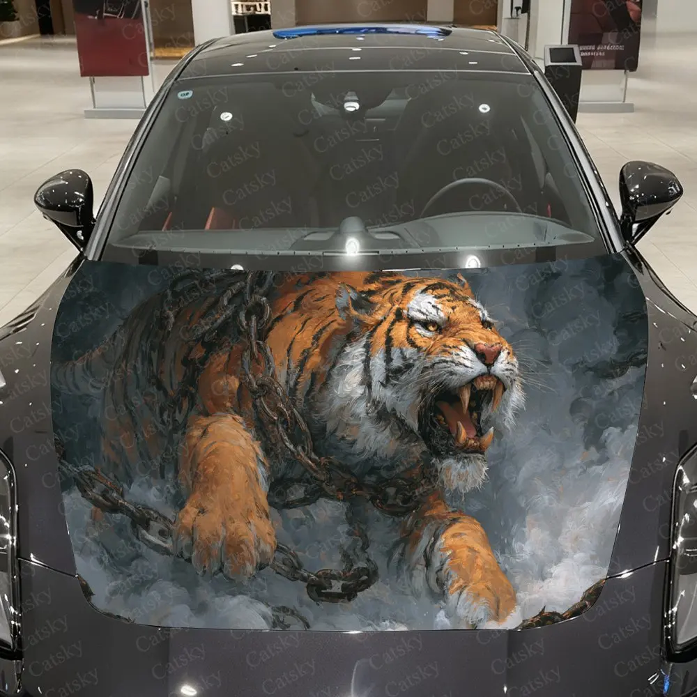 

Fierce Chained Tiger and Clouds Car Cover Decal, Auto Hood Sticker, Waterproof and Self-adhesive Auto Vinyl Wraps, Cool Car Exte