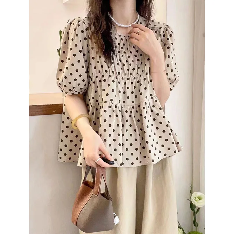 

Women Clothes Summer Korean Fashion Casual Printing Solid Color O-neck Puff Sleeve Ladies All-match Appear Thin Polka Dot Tops