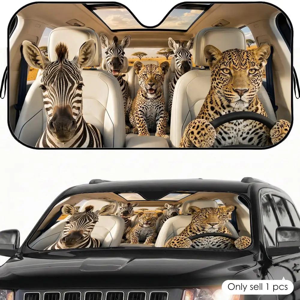 

Leopard and Zebra Animal Sun Visor Car Windshield Sunshade UV Protection Reflective Foldable Heat Insulation Cover