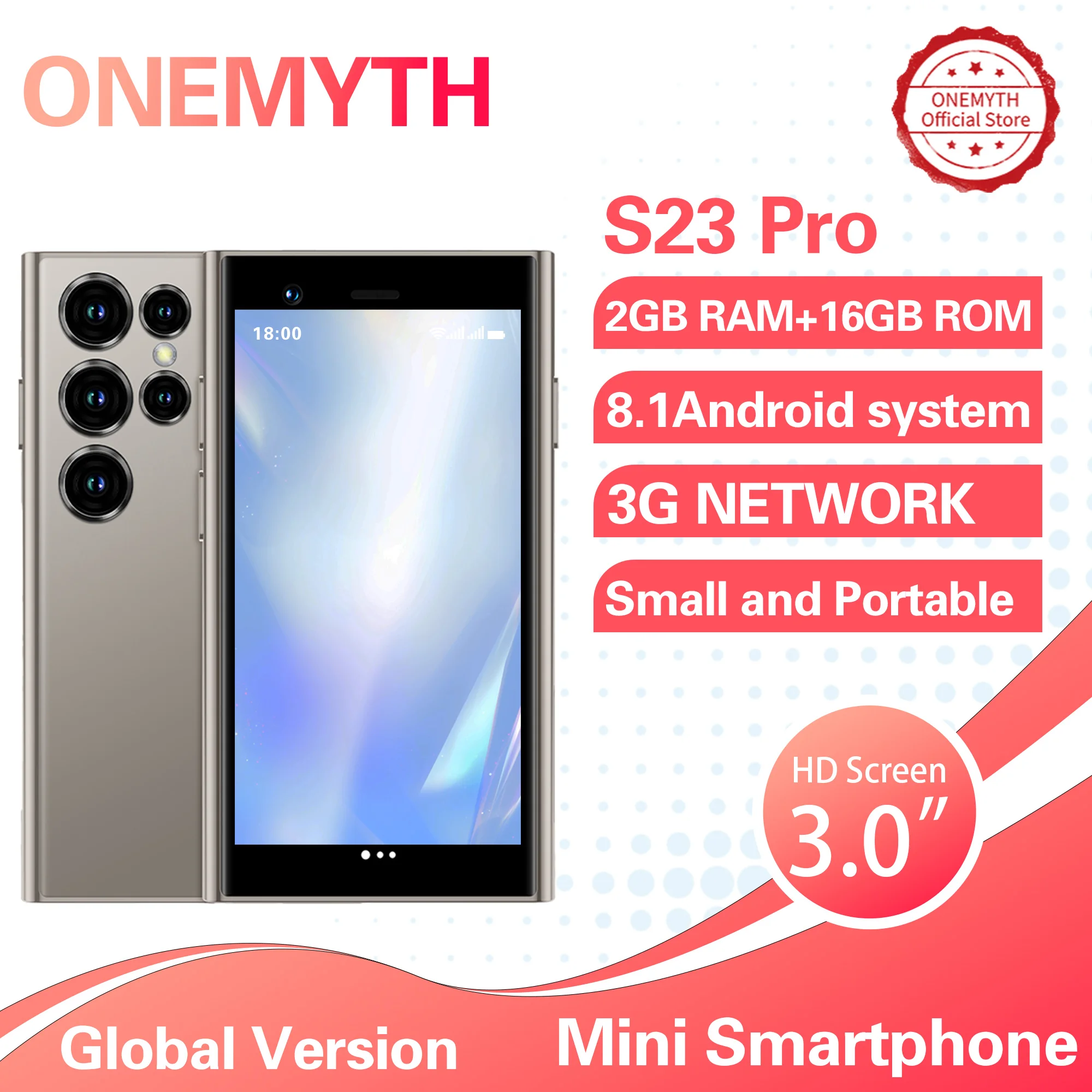 New 2025 ONEMYTH S23 Pro Mini Smartphone 3.0-inch Display 16GB HD Dual Camera Dual SIM Quad Core Small Phone