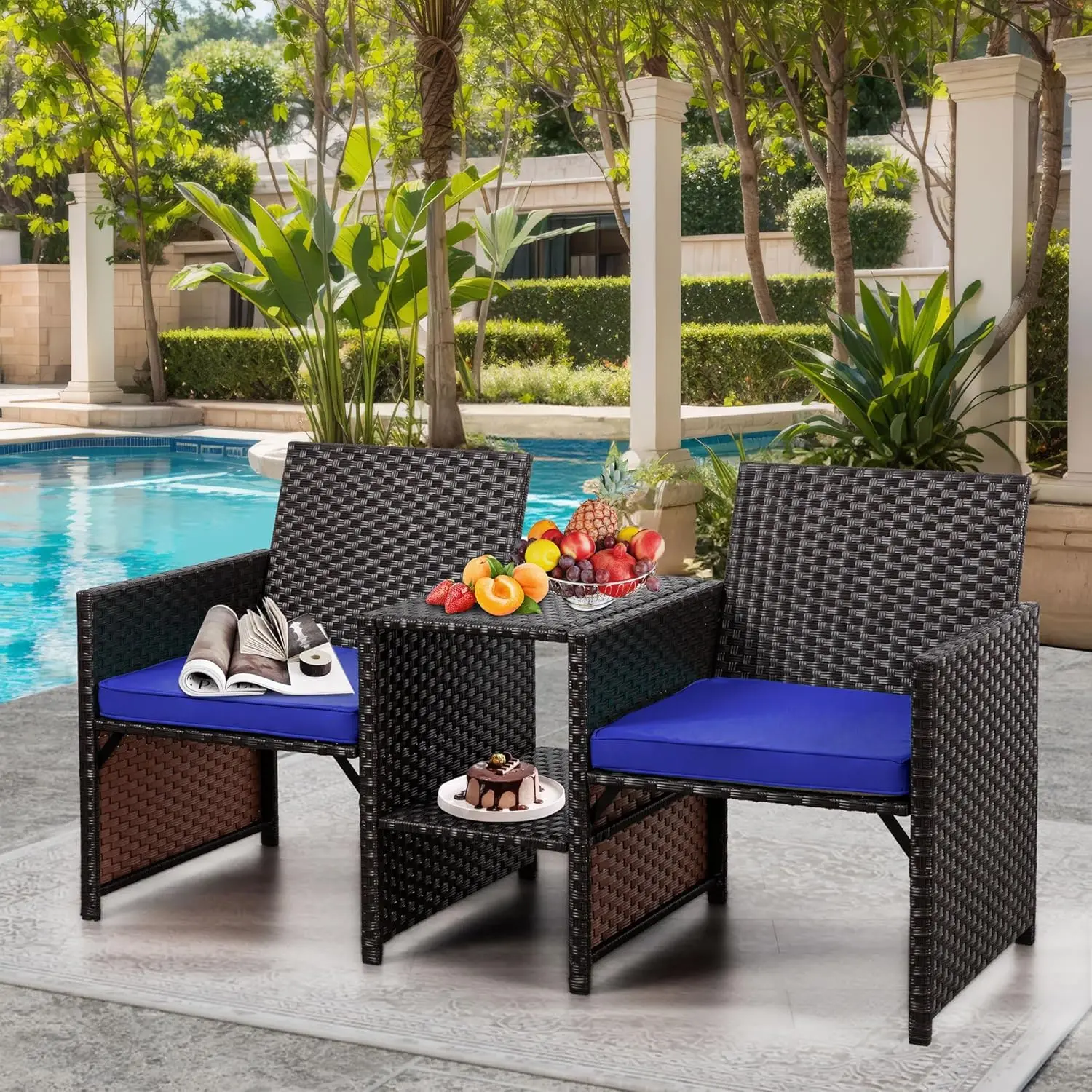 Outdoor Loveseat, Patio Furniture Set with Built-in Coffee Table, Patio Loveseat with Cushion, All-Weather Wicker Conversation