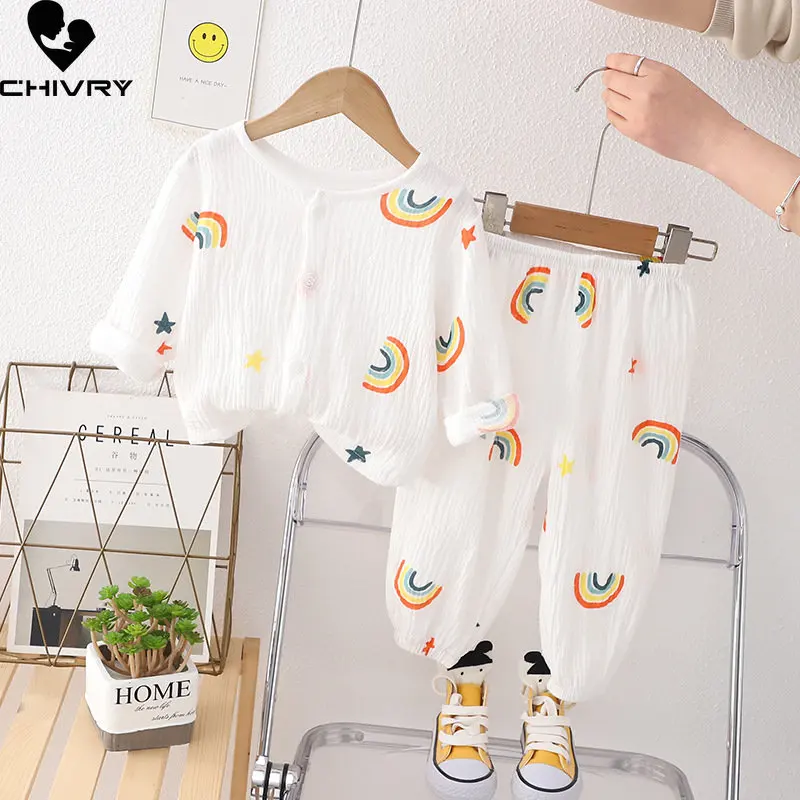 Kids Summer Pajamas New 2023 Boys Girls Thin Cartoon Cotton Yarn Shirts with Pants Homewear Sleepwear Baby Sleeping Clothes Sets