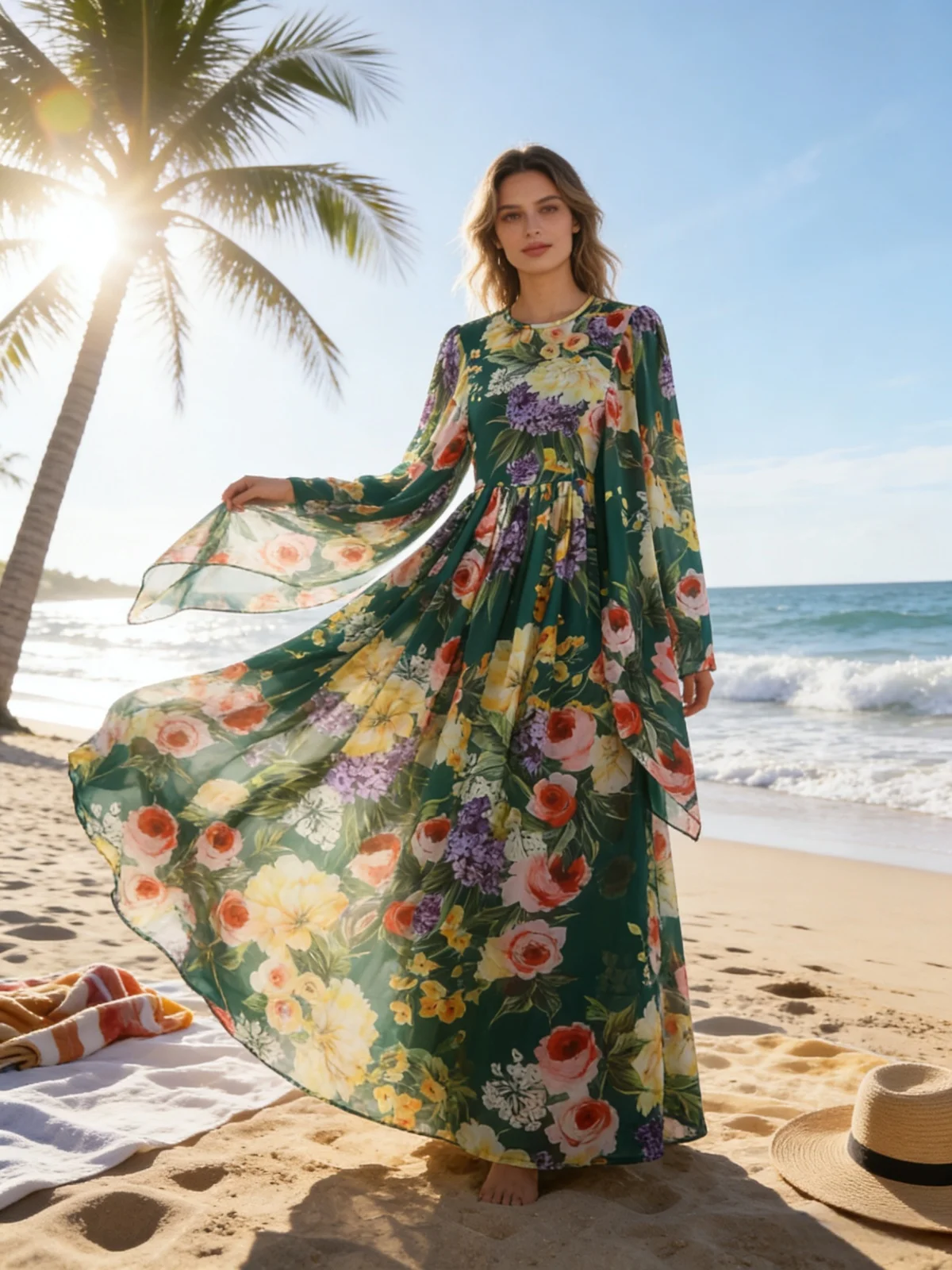 Luxury Floral Print Maxi Dress 2026 for Women – Elegant Summer Long Sleeve Vacation Party Dress, Designer Beach Boho Sundress