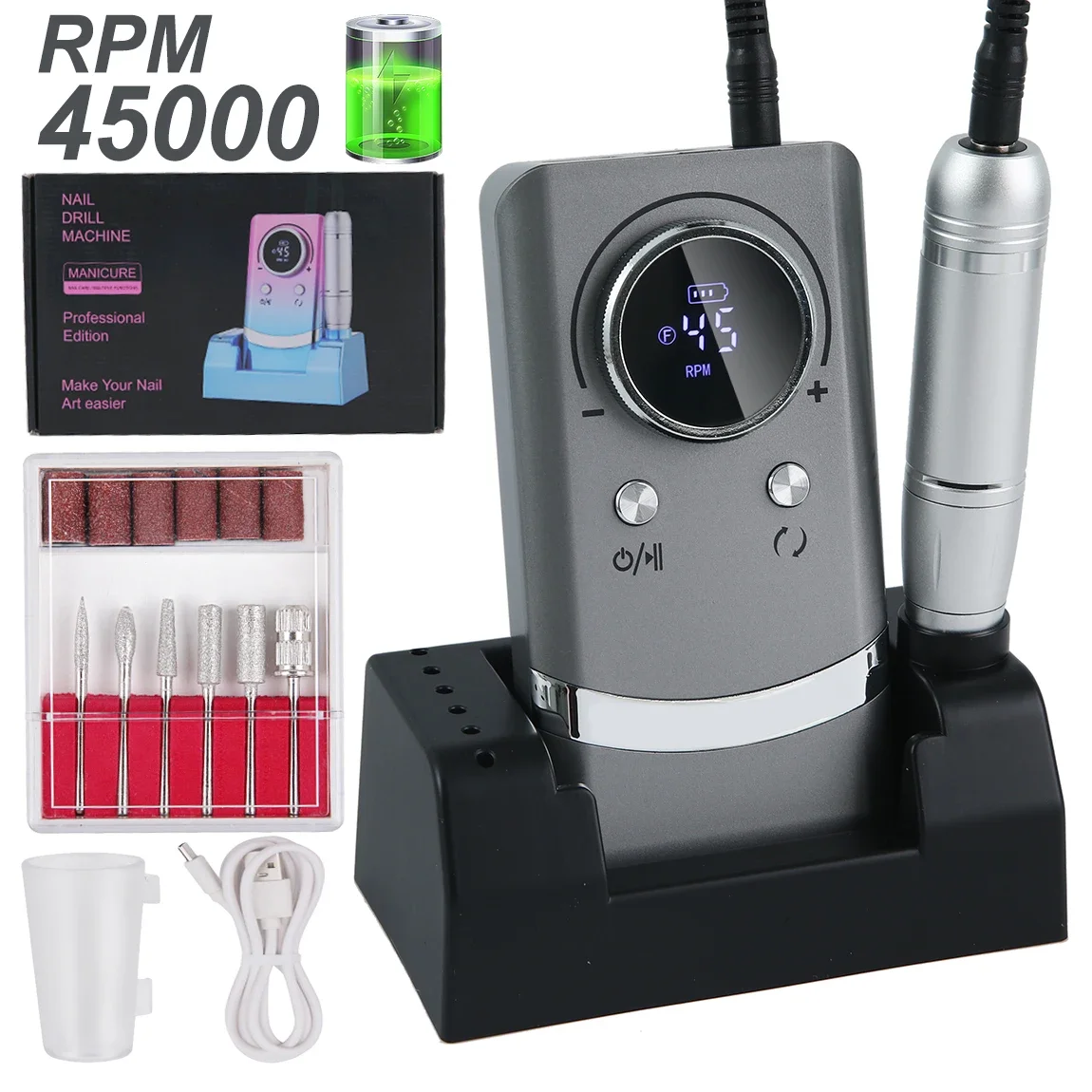 45000RPM Professional Rechargeable Nail Drill Machine - Low NoiseSuitable for All Gel Nails (Equipped with Nail Sander File)