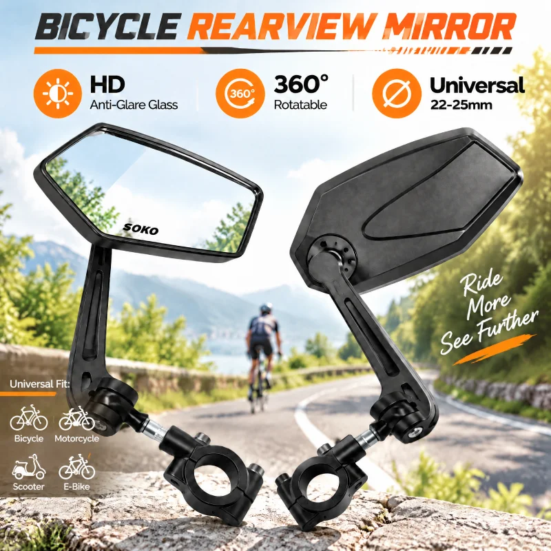 Universal Bike Handlebar Mirrors Motorcycle Rear View Mirror HD Wide Angle & 360° Rotating Back Sight Rearview Motorcycle Mirror
