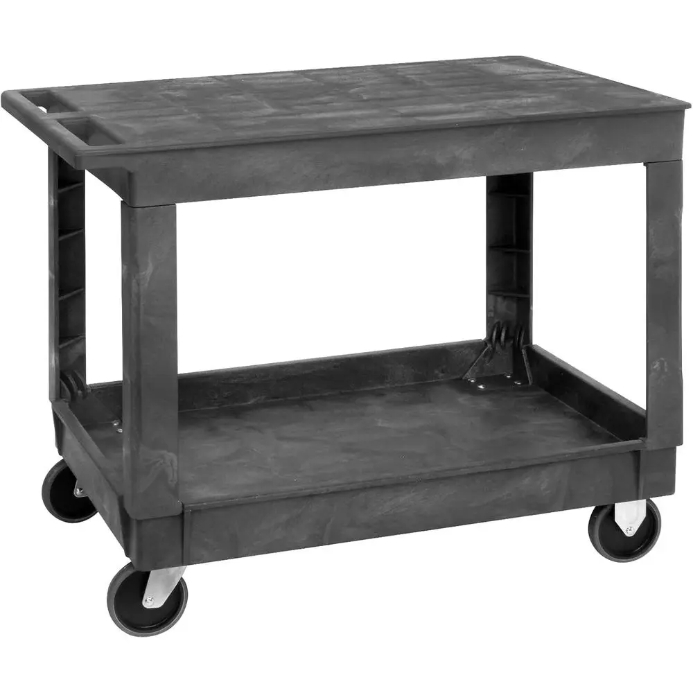 

Полимерная тележка для хозяйственных нужд с 2 полками, грузоподъемность 550 фунтов, 40Ш x 26Г x 32.5В, серая, с ручкой для толкания