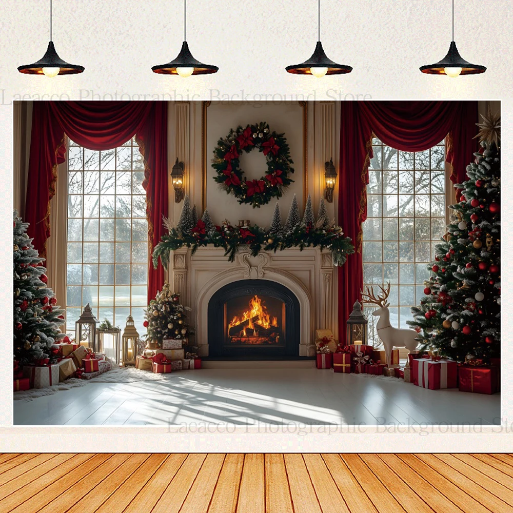Red Christmas Fireplace Background Photography Wreath Red Christmas Tree Bells Gifts Winter Family Portrait Photo Booth Backdrop