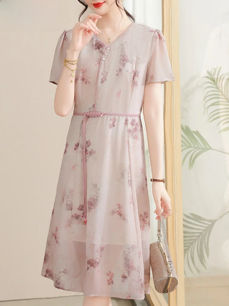 

Модное летнее шифоновое платье с коротким рукавом для женщин среднего возраста и дам среднего возраста, одежда в корейском стиле