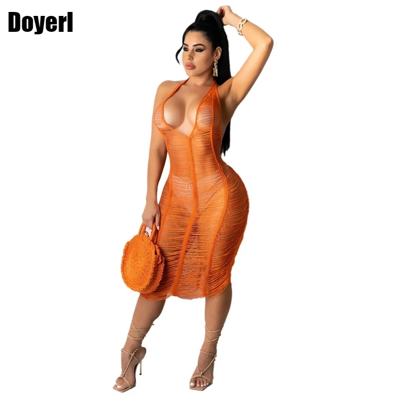 Sexy Crochet Knitted Beach Cover Up Dress Summer Clothes for Women Hatler V Neck Backless Midi Dress See Through Bodycon Dress