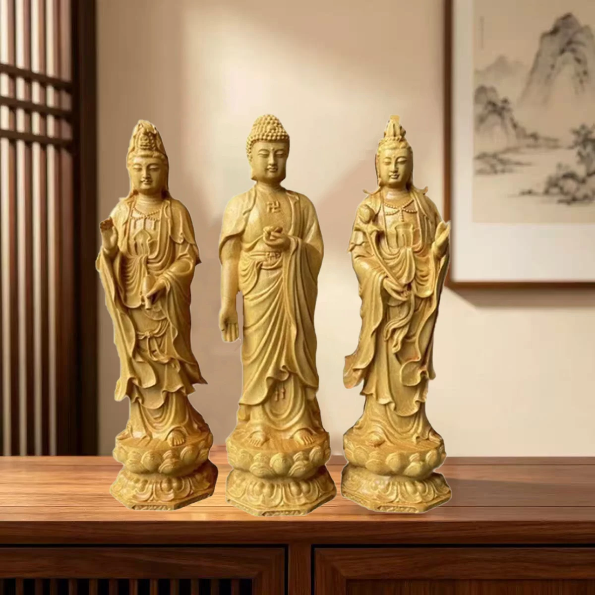 shakyamuni buddha Buddha Statue Feng Shui Guanyin Figurine Wooden Altar Decor for Home Office Wealth wood carving buddha statue