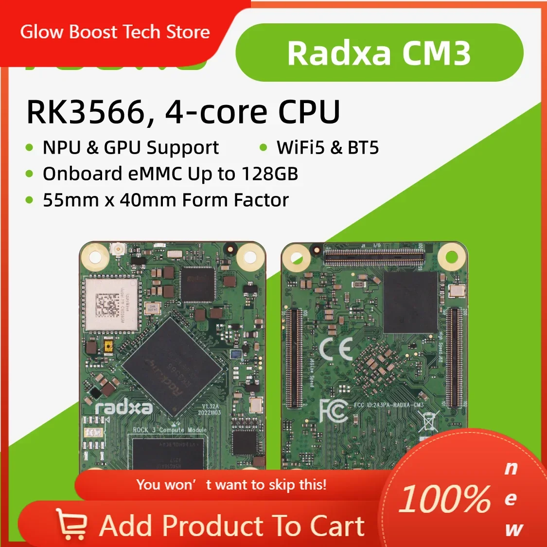 

NYRadxa CM3 RK3566 4-core CPU Compute Module, GPU, NPU, 4K HDMI and 3x100-Pin B2B Connector, Single Board ComputerNew