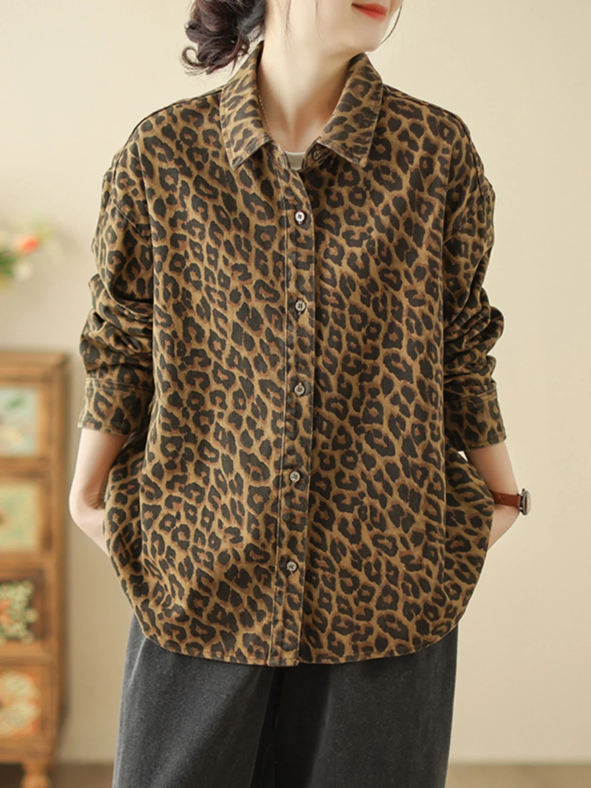 Coupe ample imprimé léopard irt femmes grande taille printemps nouveau Sle Faion vêtements d'extérieur coton Long Sve Henry col mi-long