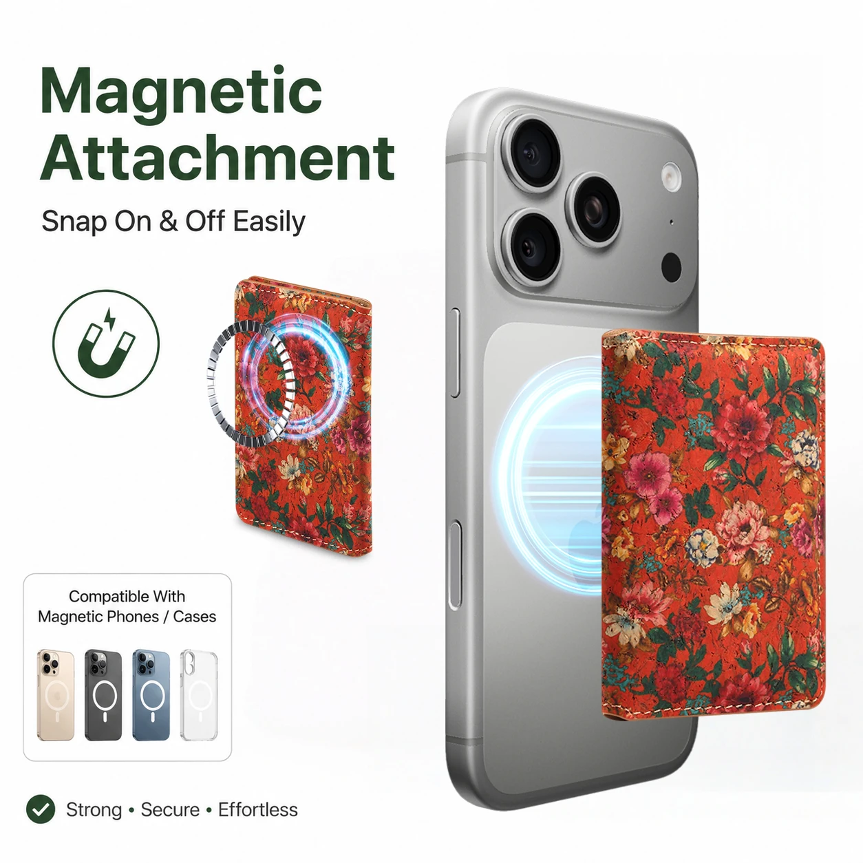 Denior Magnetic Cork Wallet Floral Card Holder Foldable Phone Stand Natural Wood Style Slim Portable Credit Card Organizer Gift