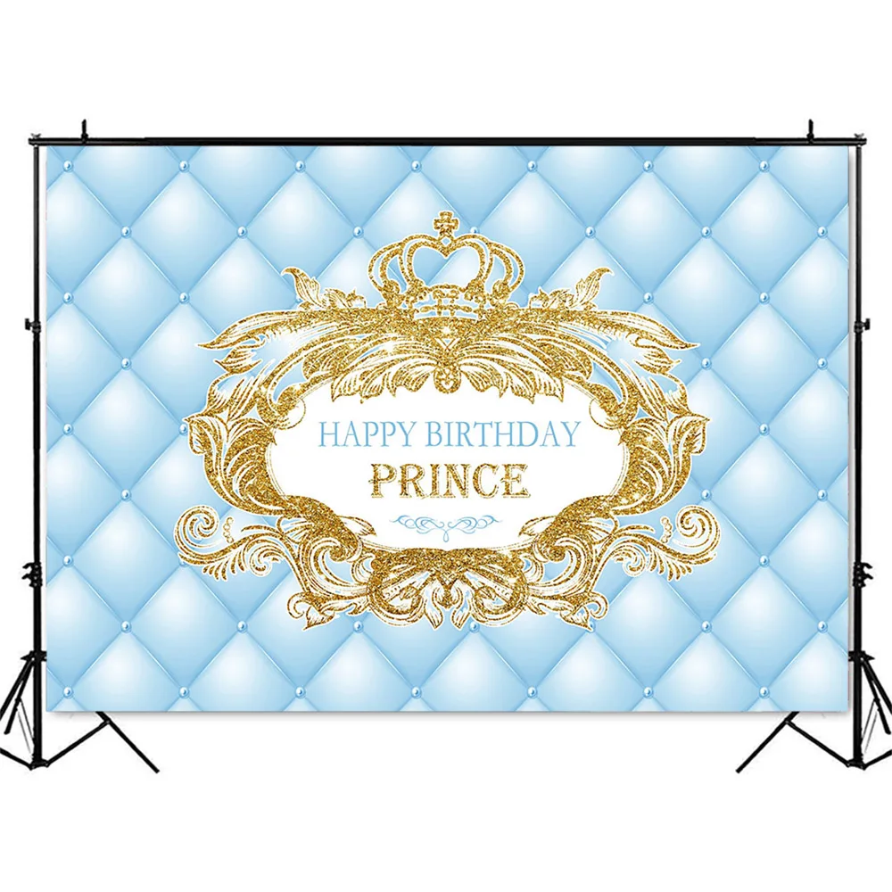 Blue Headboard Birthday Backdrop Little Prince Happy Birthday Party Decoration Banner Royal Crown Photo Background Banner Props