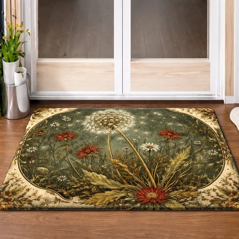 Vintage Dandelion Floral Area Rug, Durable Machine‑washable Floor Decor, Indoor‑outdoor Ornament for Bedroom, Living Room