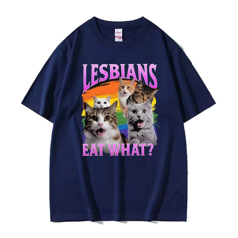المثليات يأكل ماذا؟! مضحك LGBT القط ميمي تي شيرت الرجال النساء الهيب هوب عادية تتجه قصيرة الأكمام تي شيرت فضفاض الكرتون تي شيرت