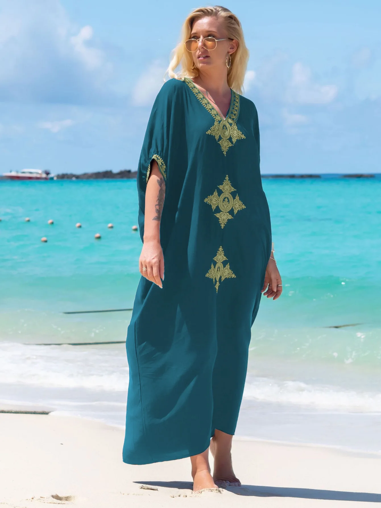 Women\'s Clothing Gold Embroidery Long Kaftan Dresses V Neck Caftan Dress Beach Cover Ups Tunic Maxi Dress