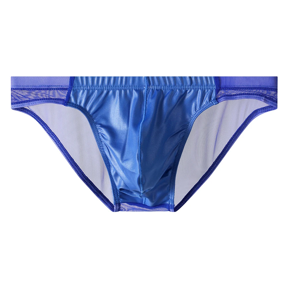Men Imitation Leather Mesh Splicing Briefs Underwear Sheer Low Waist Underpants Breathable U Bulge Pouch Underwear Homme