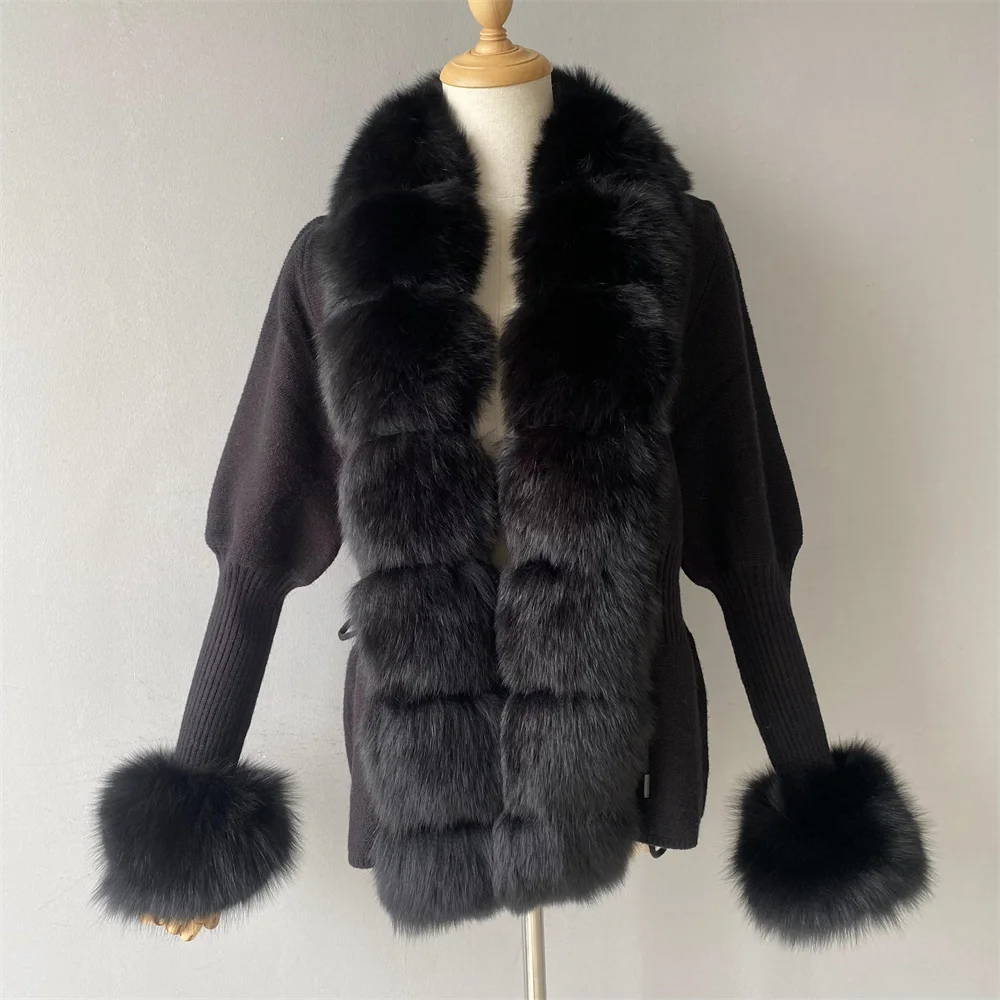 Jxwatcher Women's Sweater with Luxury Real Fox Fur Trim Fall Winter Fashion Knitted Coat Natural Fur Cuffs Cardigan New Arrival view 4
