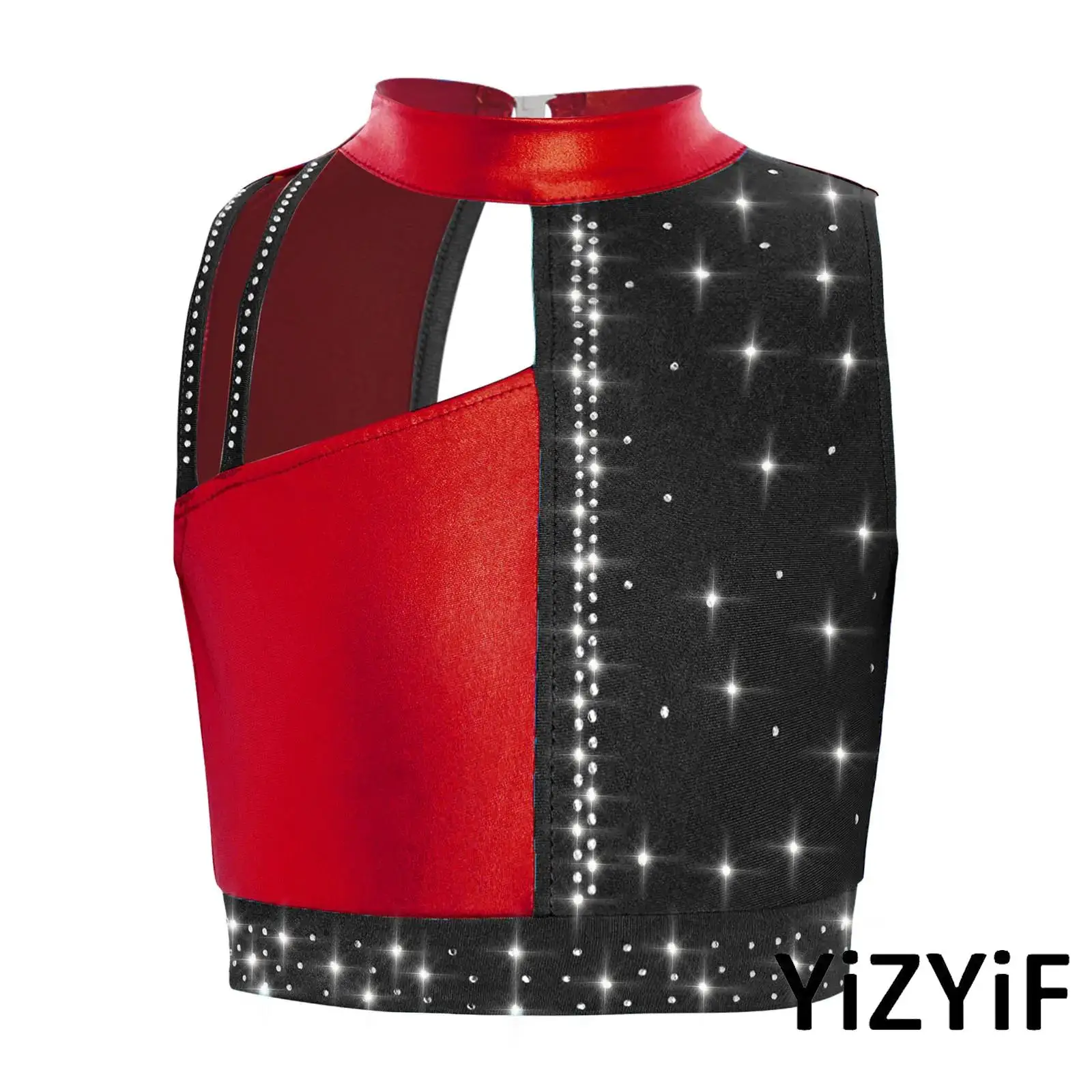 أطفال بنات الجمباز الجاز الرقص المحاصيل تانك الأعلى الزي أكمام لامعة الراين لامع كتلة اللون المحاصيل الأعلى مع السراويل #1