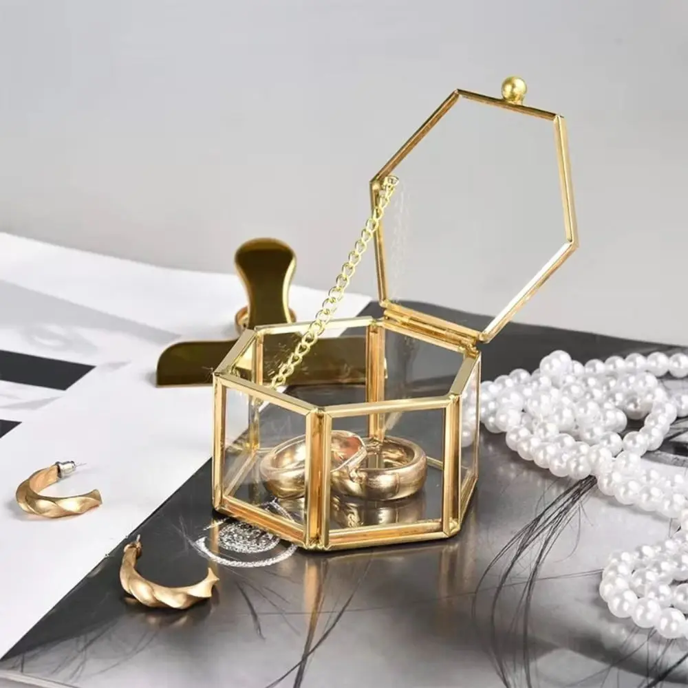Accessory Box Gold Hexagonal Ring Box Hexagon Geometric Glass Jewelry Storage Box Retro Luxurious Ring Box Jewelry Organizer