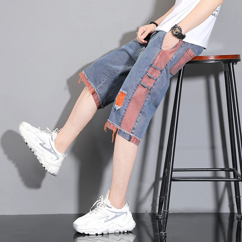 Men's Summer Thin Straight Loose Casual Jeans Shorts Wear Resistant Hole Design Versatile Seven-Foot Pants Cotton Denim