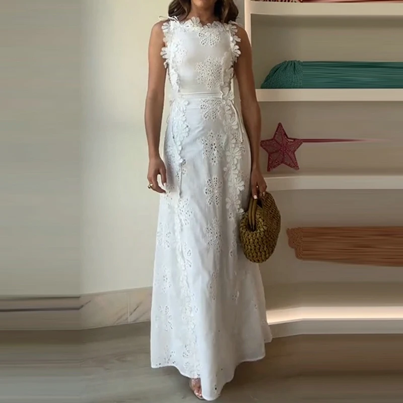 

White Sexy Sleeveless Bandage High Waist Women Dress Casual Hollow Floral Party Dress New Summer Lace Embroidery Boho Long Dress