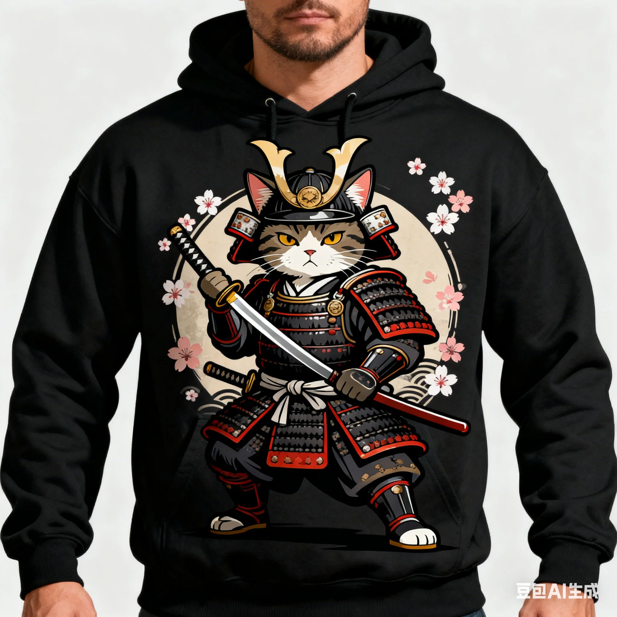 Japanese Samurai Cat Pattern Men's Sweatshirts Hip Hop Hoodie Autumn Winter Casual  Loose Pullover Street Fashion Trend Clothes