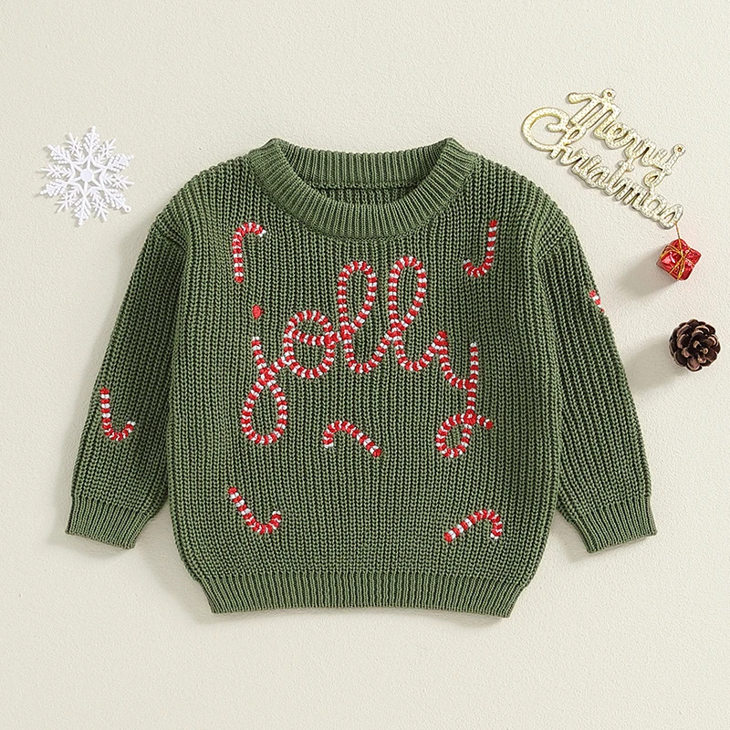 Newborn Baby Girls Boys Christmas Sweater Letter Cane Embroidery Warm Knit Long Sleeve Pullover Tops Toddler Infant Knitwear image 2