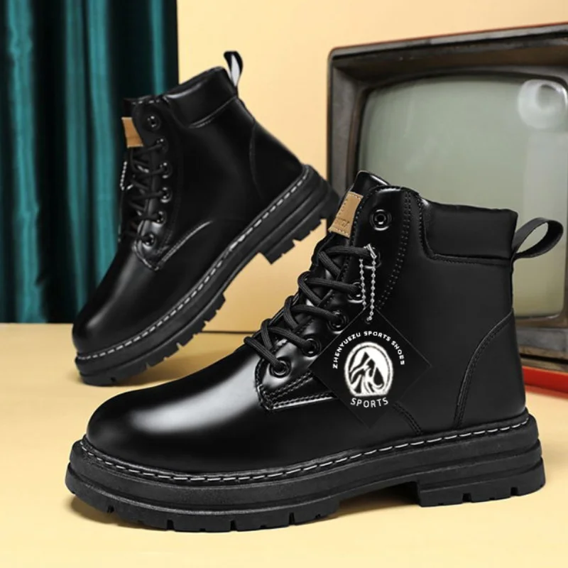 Wysokie buty męskie skórzane buty modne botki motocyklowe dla mężczyzn buty zimowe buty męskie sznurowane Botas Hombre