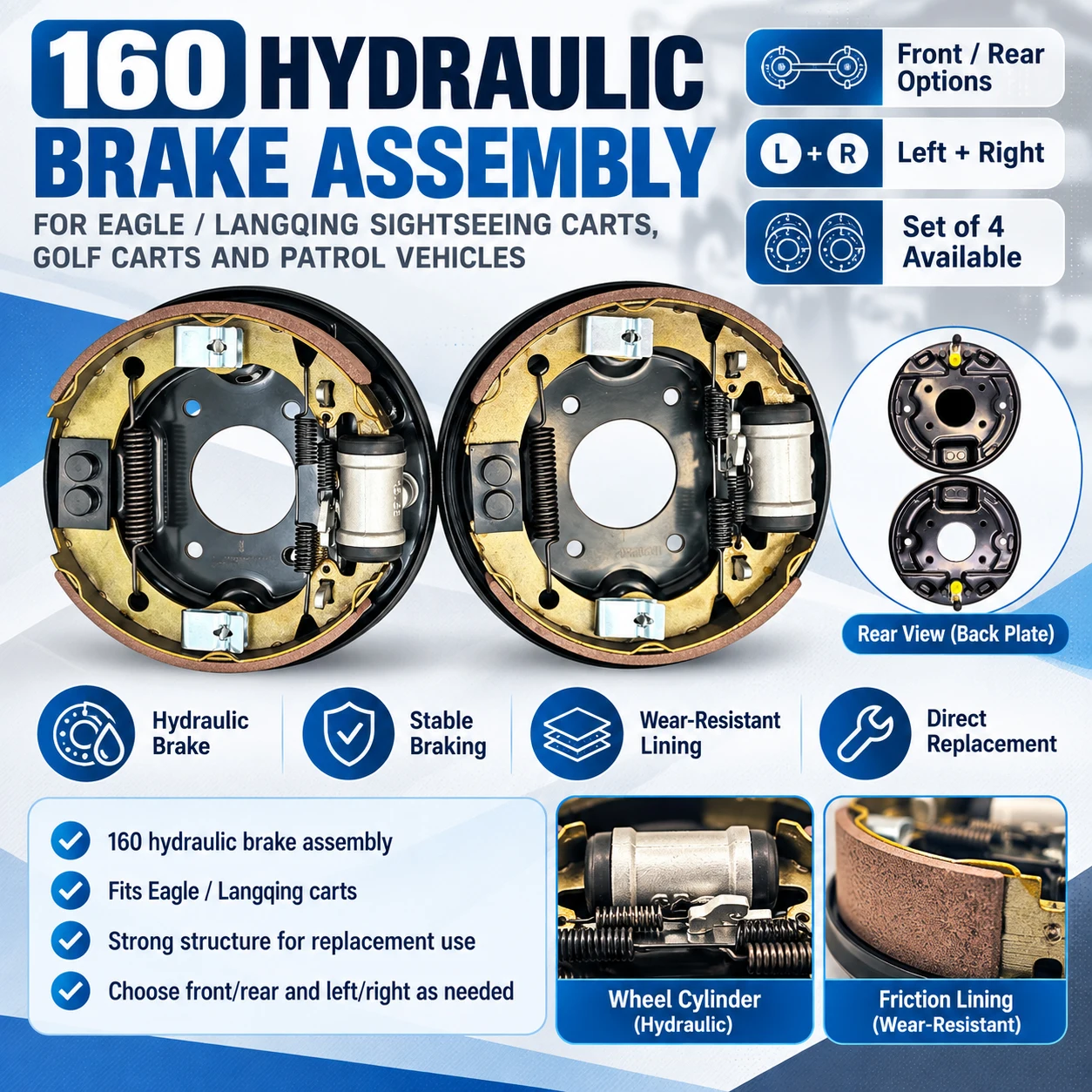 160 Hydraulic Brake Assembly For Eagle & Langqing Sightseeing Cart, Golf Cart & Patrol Vehicle Brake