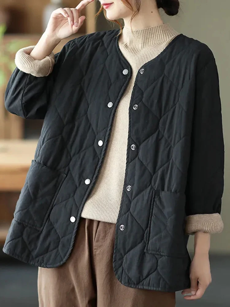 Chaqueta corta holgada para mujer, abrigos informales acolchados de algodón con cuello redondo para mamá, Parkas finas lisas con botones para otoño, ropa coreana con bolsillos