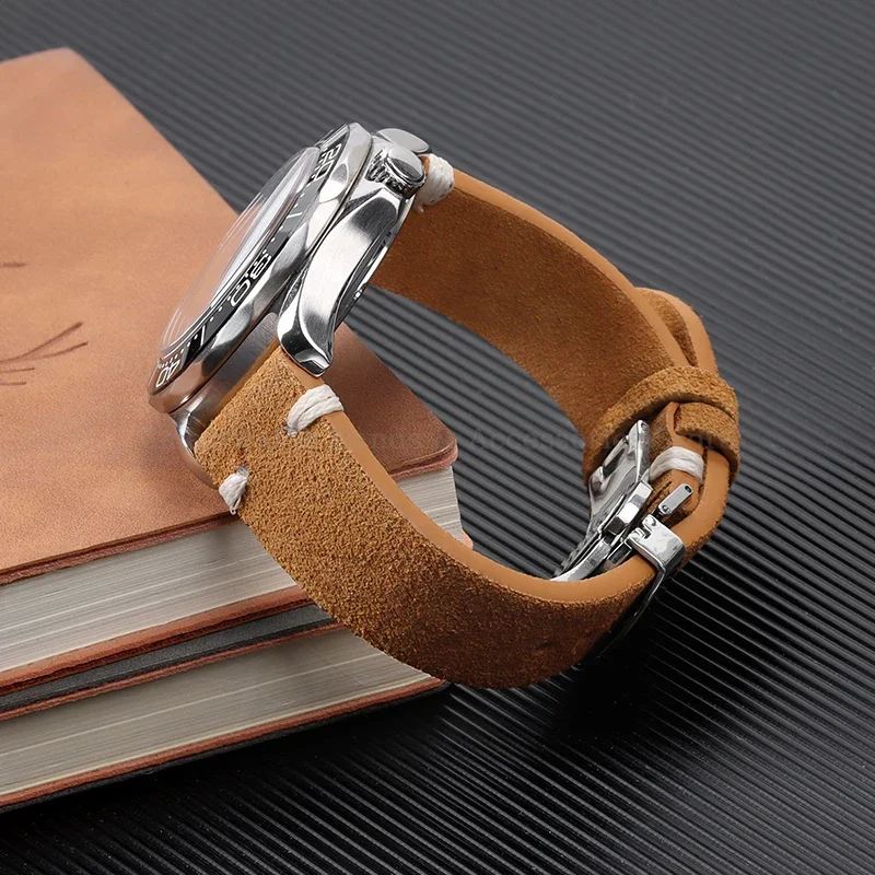 18mm 20mm 22mm Suede Stitching Leather Watch Strap Quick Release Bracelet Vintage Handmade Wrist Band Folding Clasp Accessories