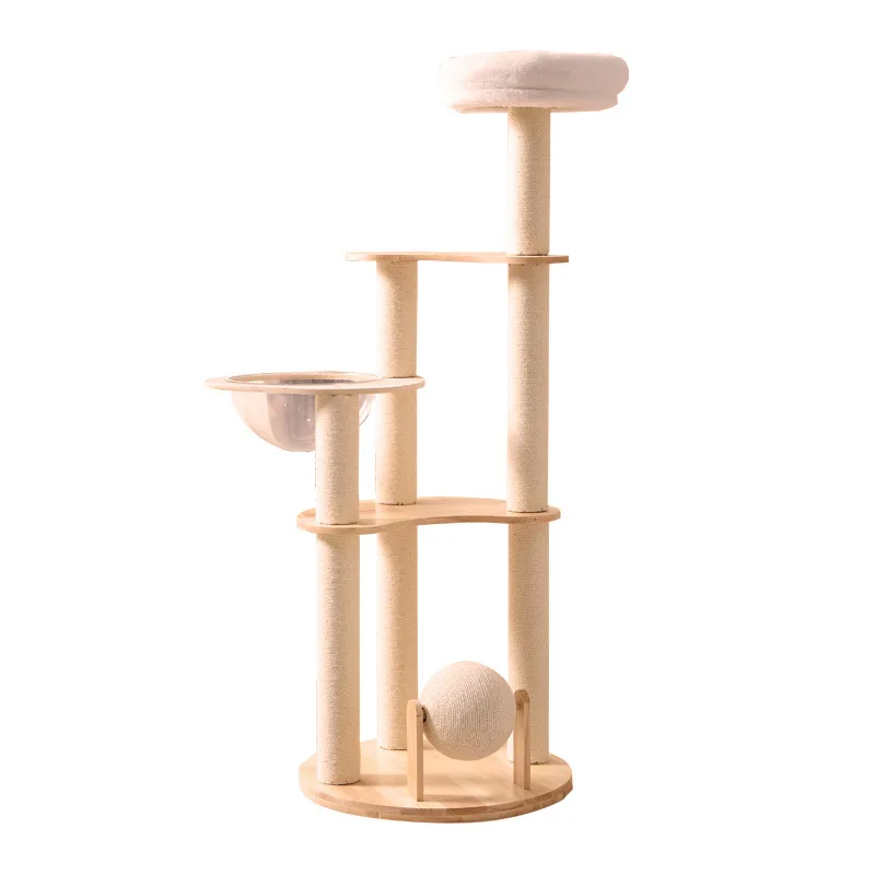 Curved solid wood cat jumping platform, space compartment sisal column, claw ball cat nest