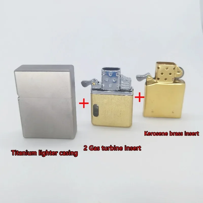 Titanium Shell Windproof Lighter with Brass Oil Fuel insert & 2-Turbine Gas Insert Waterproof & Durable Men's Gift