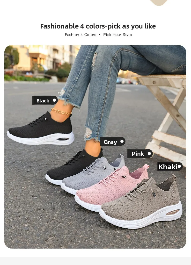 Damen-Strick-Mesh-Sneaker mit elastischen Schnürsenkeln ohne Binden, Luftpolster, dicker Sohle, leichten, rutschfesten Freizeitschuhen für Outdoor-Aktivitäten. – Detail 3