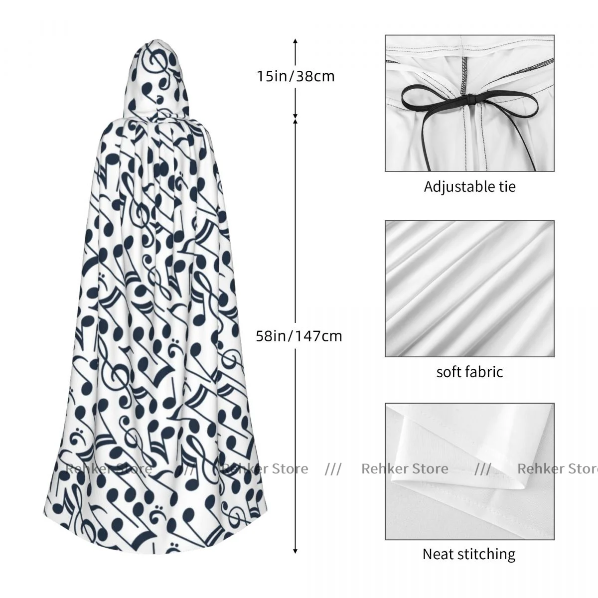 Cosplay Medieval Costumes Black And White Music Notes Hooded Cloak Capes Long Robes Jackets Coat Carnival image 5