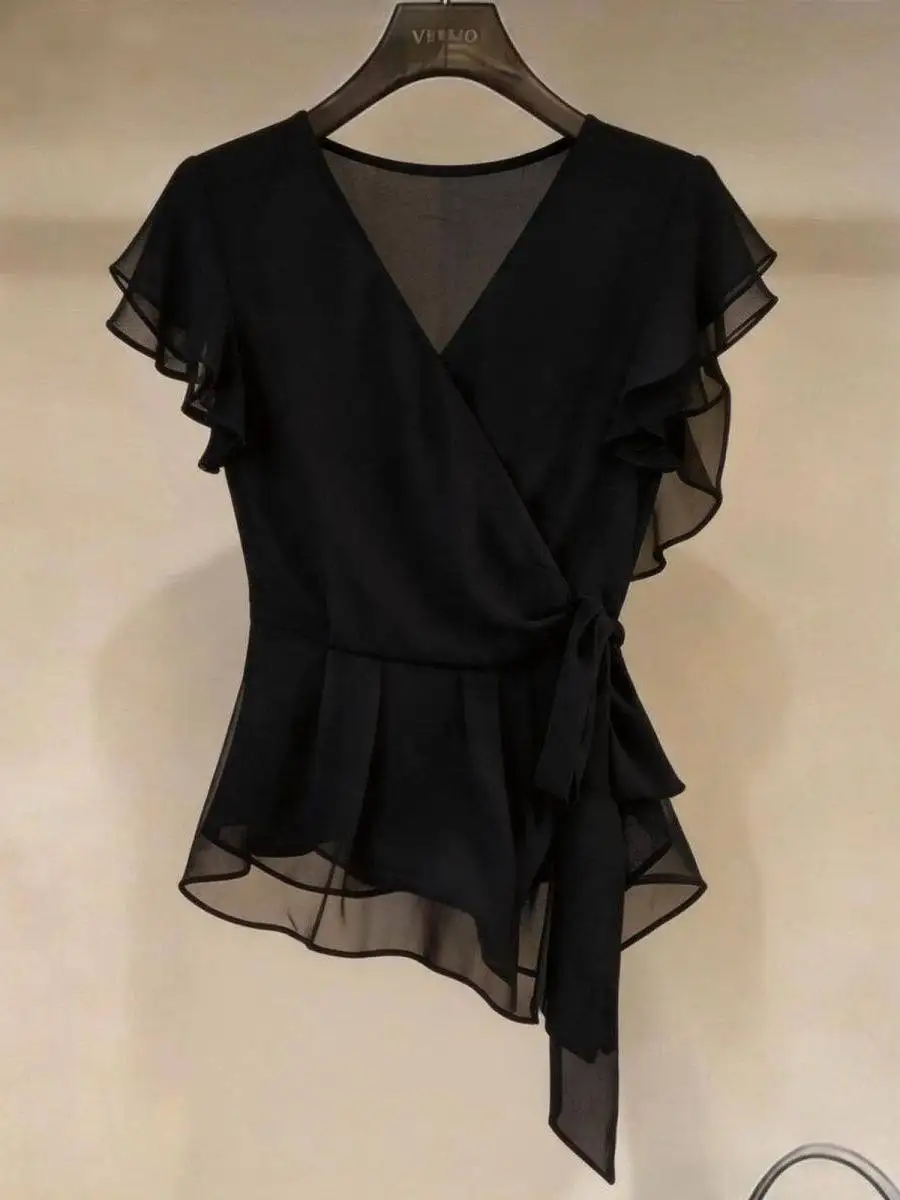

Slim Fit Chiffon Shirt Summer New Style Women's Short Sleeve V Neck Tunic Top Fashionable Versatile Waist Cinching Slimming