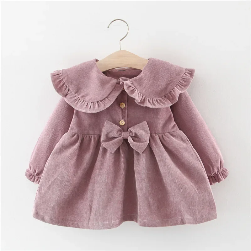 Baby Girl Clothes Children Casual Dress Toddler Solid Bow Long Sleeve Princess Dresses Outfit Infant Spring Plus Velvet Dress