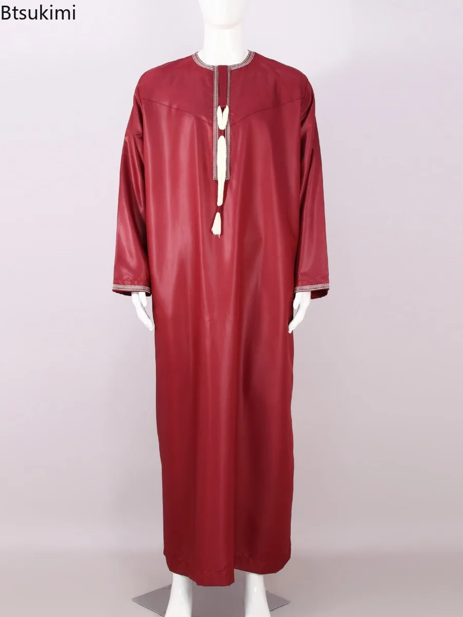 Muslim Fashion Abaya for Men Long Sleeve Dress Robe O-neck Embroidery Men Jubba Thobe Pakistan Arab Islam Clothing Prayer Kaftan