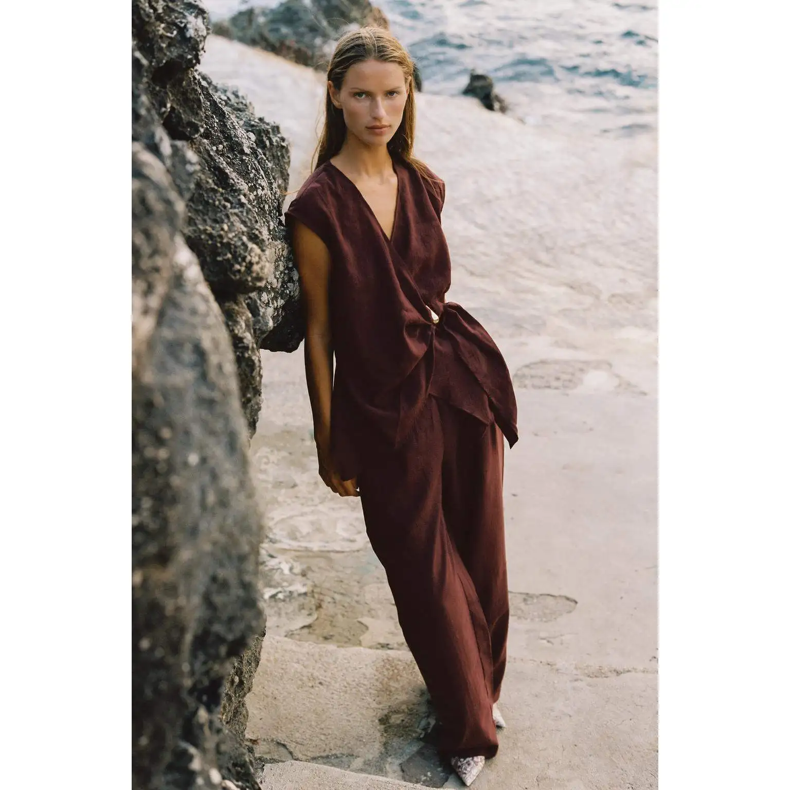 Golden Embellished Straight Leg Pants And Folded Top Two-Piece Set ZR Wind Women's Fashion Autumn Collection Polyester